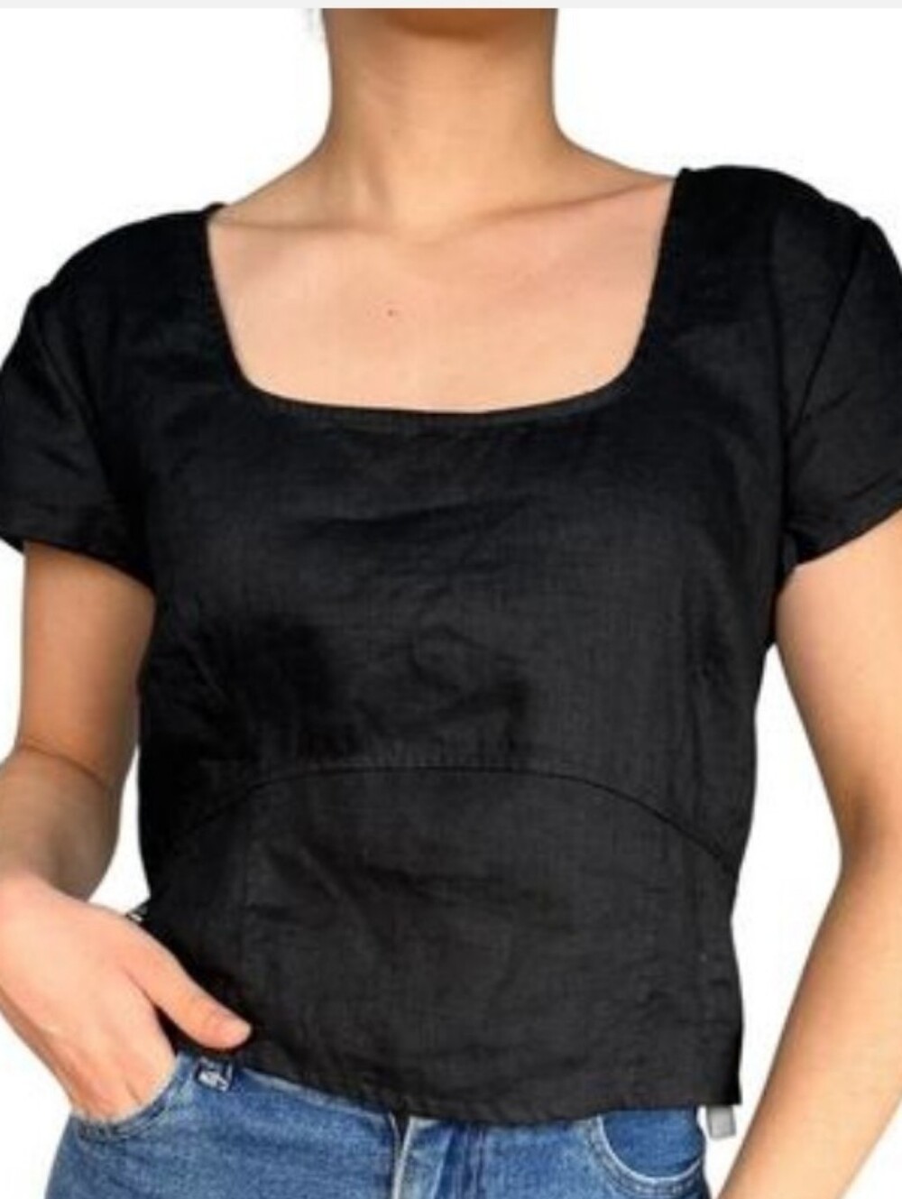 House of Harlow 1960 Linen Top Black Square Neck Short Sleeve Women's Sz L